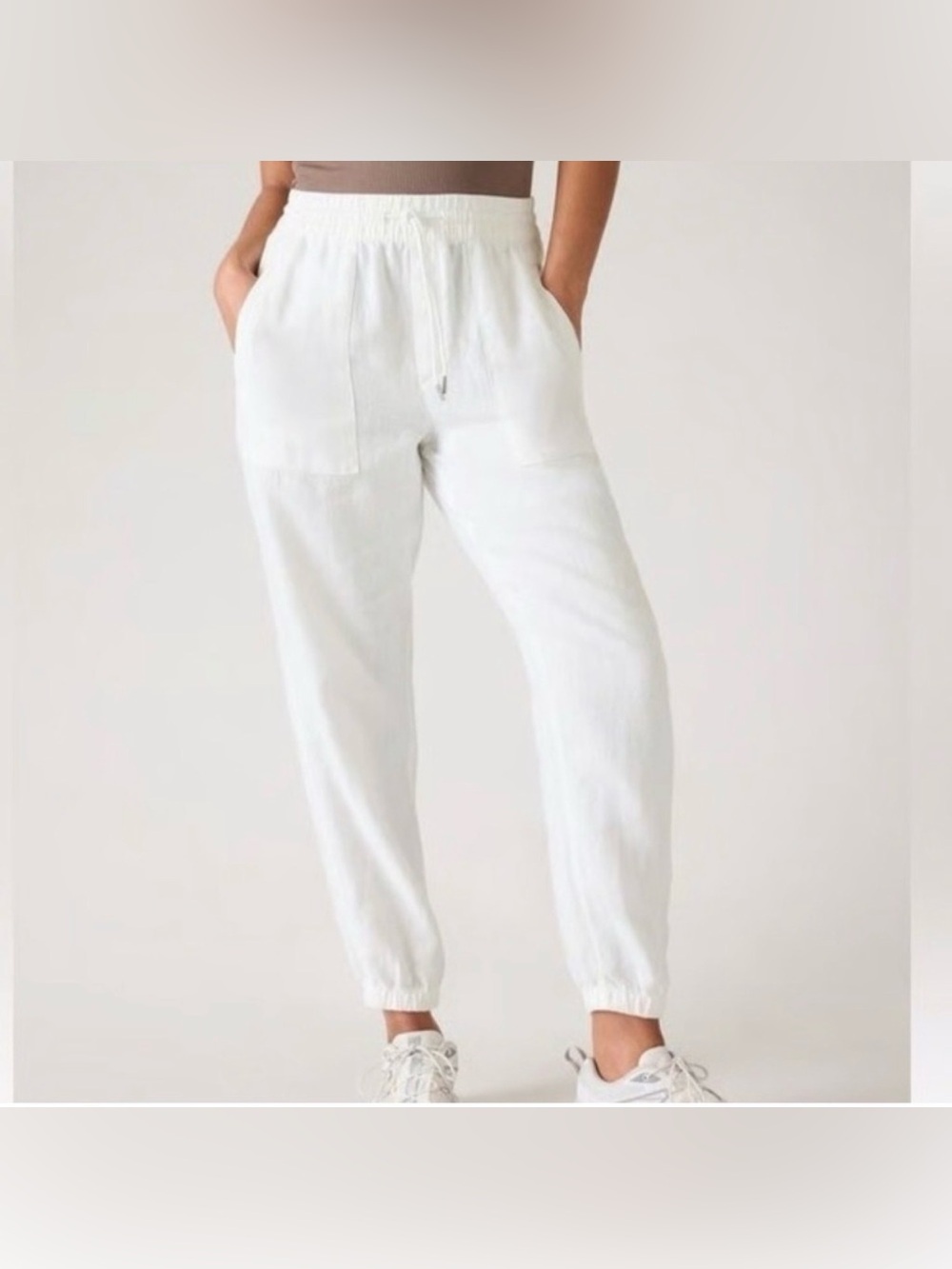 Athleta Cabo Linen Jogger Pants Size 16 White Pull On Drawstring Waist